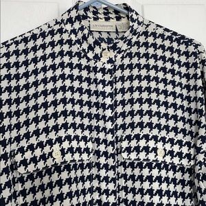 Liz Claiborne 8 Navy & White Houndstooth Blouse long sleeve hidden button down